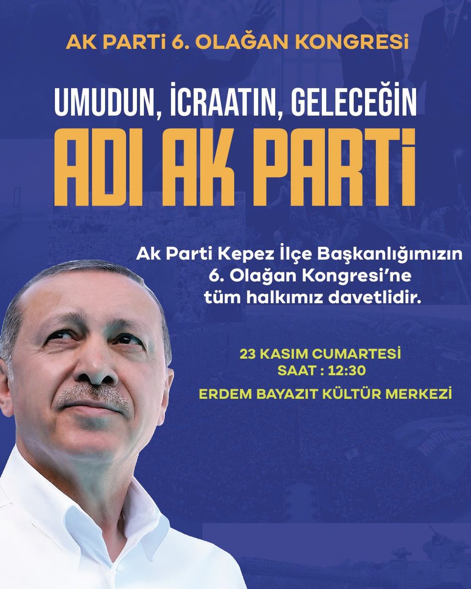 Ak Parti Kepez Ilçe Baskanligimizin
6. Olagan Kongresi'ne tüm halkimiz davetlidir.
<a href="/alicetin_07/">Ali Çetin</a> 
<a href="/mehmetcivik/">Mehmet Çivik</a>