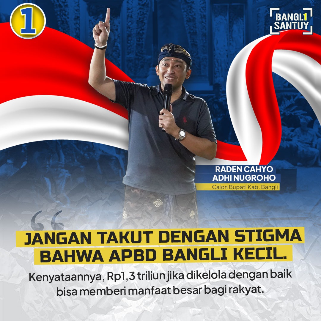 Banglisantuy's tweet photo. "Jangan takut dengan stigma bahwa APBD Bangli kecil. kenyataannya, Rp 1,3 Triliun jika dikelola dengan baik bisa memberi manfaat besar bagi rakyat."

Raden Cahyo Adhi Nugroho
Calon Bupati Bangli No. Urut 1 https://t.co/7EECmliKai