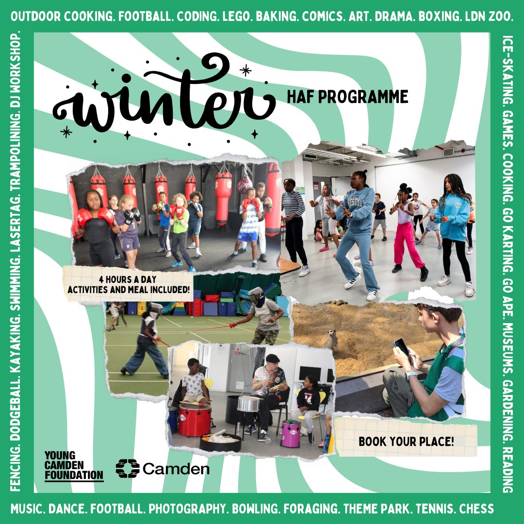 Young Camden Foundation (@young_camden) on Twitter photo The HAF Winter booking link is now LIVE - try outdoor cooking, dance, boxing and more!
To be entitled for a free place, 5-16 year old's must live or go to school in Camden and be eligible for benefits related free-school-meals.
Book here: haf.youngcamdenfoundation.org.uk/?mc_cid=223abc…
#HAF #Camden The HAF Winter booking link is now LIVE - try outdoor cooking, dance, boxing and more!
To be entitled for a free place, 5-16 year old's must live or go to school in Camden and be eligible for benefits related free-school-meals.
Book here: haf.youngcamdenfoundation.org.uk/?mc_cid=223abc…
#HAF #Camden