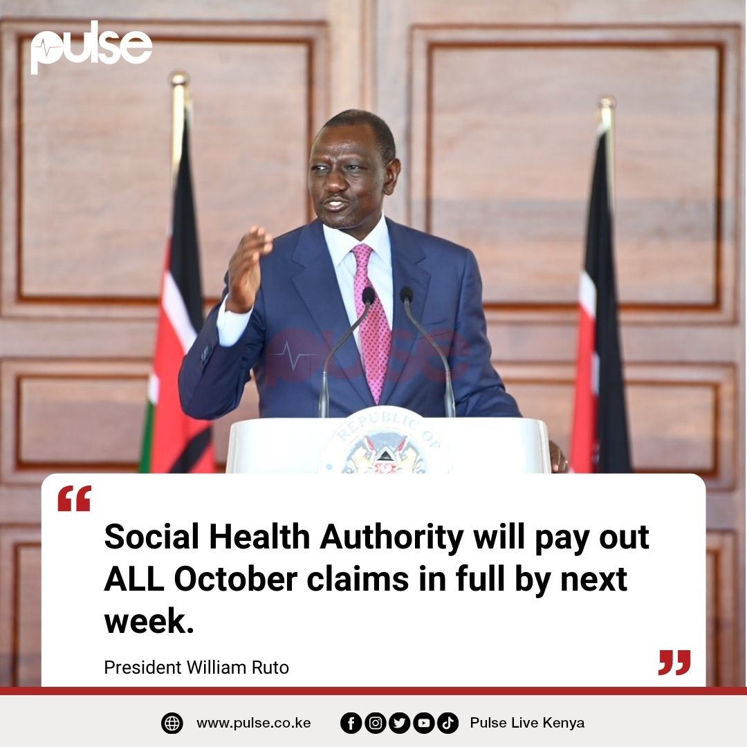 PulseLiveKenya's tweet photo. SHA will pay out all October claims out in full by next week- President Ruto.
#PulseNews #PulseUpdateMe https://t.co/e4gC85pcnB