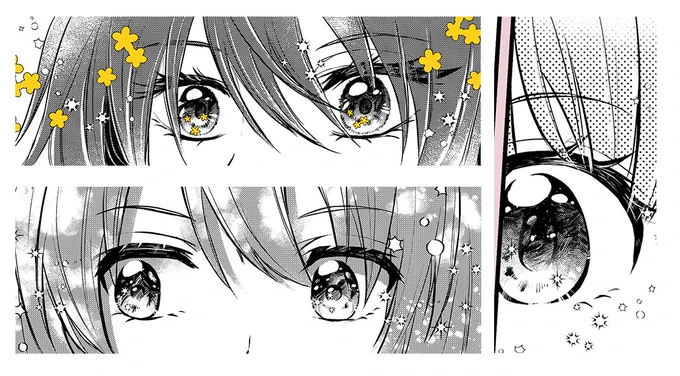 キラキラした目を描くのはとても楽しい(金木犀の美琴、SSFで出した本のにちか、越境マンガのきらり) 
