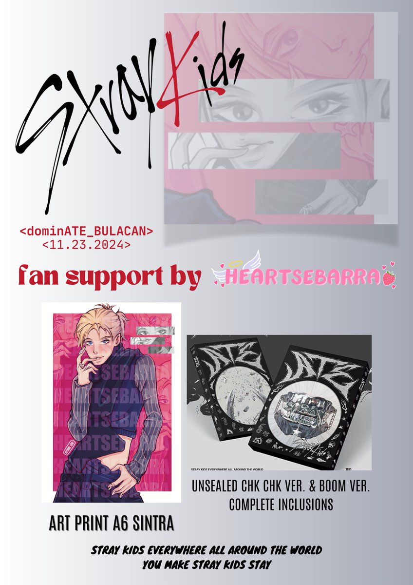 heartsebarra's tweet photo. #dominATE_BULACAN 
Fan Support by @heartsebarra ྐ❤︎

ও like &amp; RT, show proof sa dday
ও vv limited kaya magbunutan ─ may lucky nos. para makuha yung album
ও open for trades
ও loc&amp;time: TBA

@Stray_Kids 
#StrayKids #스트레이키즈
#dominATE
#YouMakeStrayKidsStay https://t.co/u3GUpu2Am4