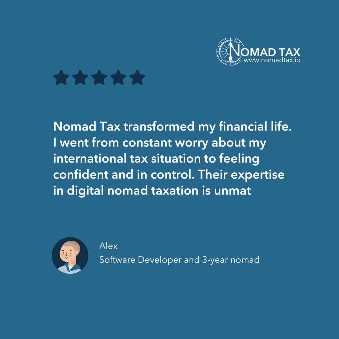 Proud to help digital nomads like Alex find peace of mind with their taxes. What's been your biggest tax win as a nomad? Share below! Ready for your own tax success story? Start your journey with Nomad Tax today. #ClientTestimonial #NomadTaxSuccess #DigitalNomadLife