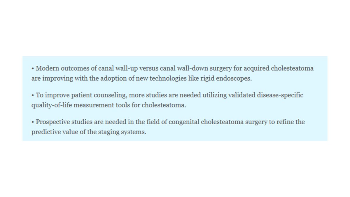 VanderbiltENT's tweet image. *This article offers an expert summary of cholesteatoma surgery outcomes, covering canal wall-up vs. canal wall-down, ossicular chain reconstruction, endoscopic surgery, QoL outcomes, and congenital cholesteatoma. #ENT #MedTwitter 
clinicalkey.com/#!/content/pla…