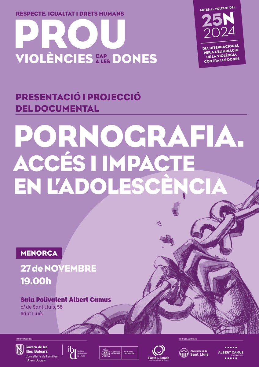 📢 Menorca: dimecres 27 de novembre, l'<a href="/IB_Dona/">IBdona</a> presenta el documental "Pornografia. Accés i impacte en l'adolescència".

📍Sant Lluís
🕖 19.00 h
