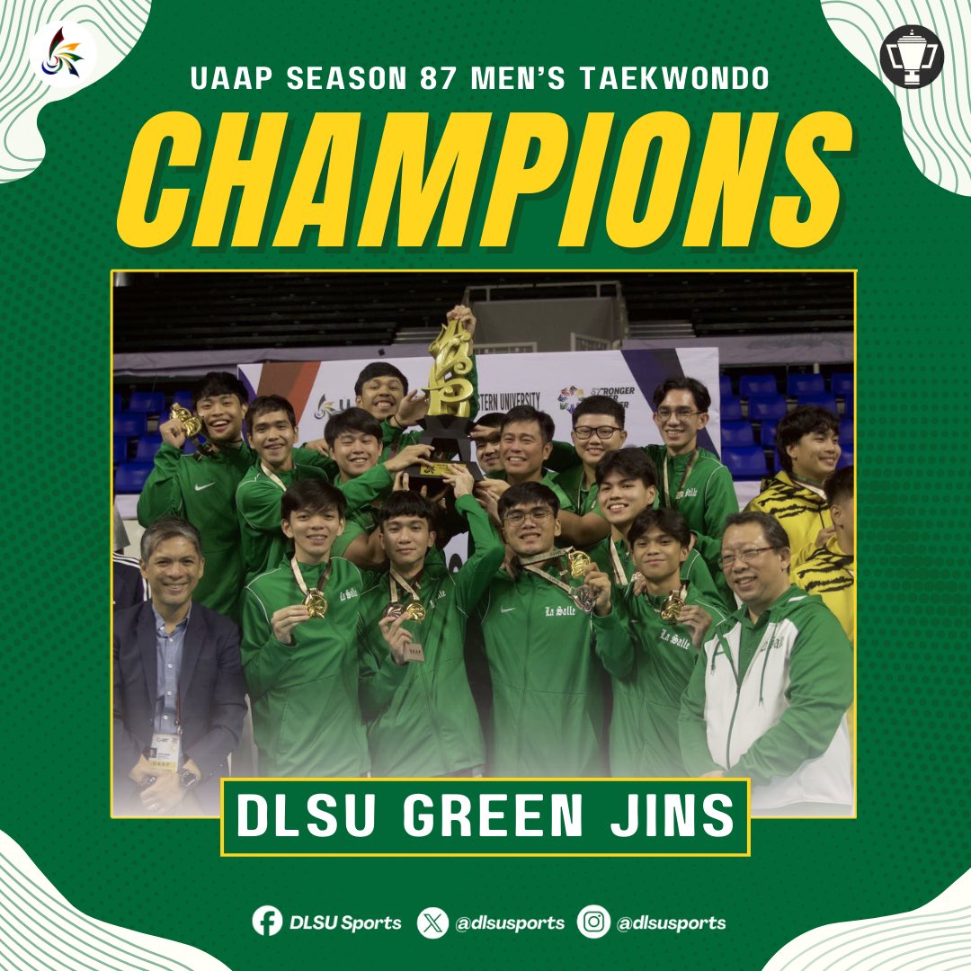 dlsusports's tweet photo. CHAMPS 😤🥋

The DLSU Green Jins are this year’s #UAAPSeason87 Men’s Taekwondo Champions after concluding the tournament with a 5-0 standing! 

#StrongerBetterTogether #GreenGR87NESS #GoLaSalle #AnimoLaSalle #DLSUSports https://t.co/C06ZhQTErW
