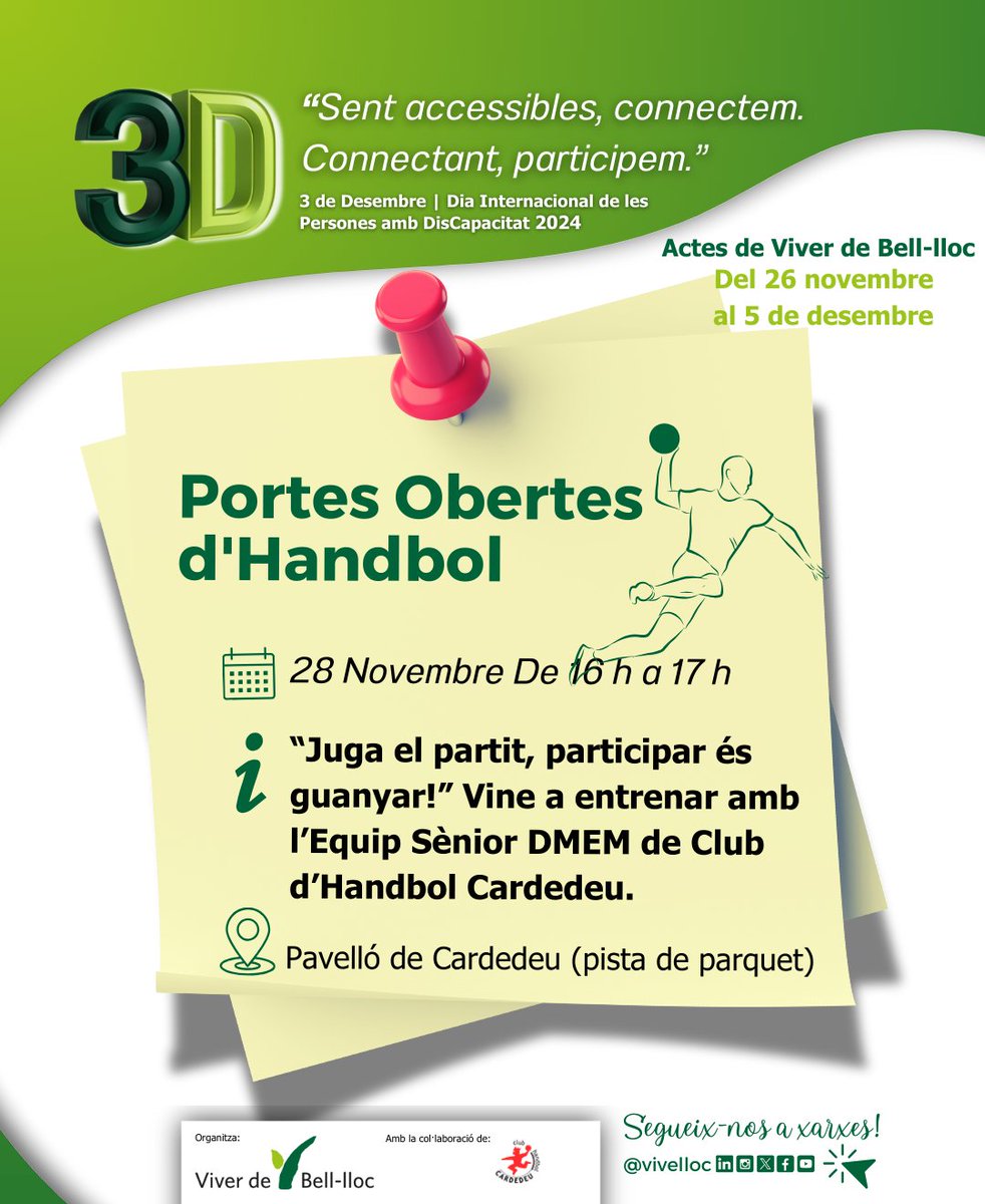 Fundació Viver de Bell-lloc (@vivelloc) on Twitter photo 🖼ENTRENAMENT OBERT D'HANDBOL
📆Dijous 28/11 De 16 h a 17 h
📍Al Pavelló (pista de parquet). #Cardedeu.
🏐Encara no has provat l'handbol? Ha arribat el moment de fer-ho😎
✅Fent l'esport #Accessible, connectem i participem!
<a href="/CHCardedeu/">Handbol Cardedeu</a>
#DiaInternacional #DisCapacitat #Handbol 🖼ENTRENAMENT OBERT D'HANDBOL
📆Dijous 28/11 De 16 h a 17 h
📍Al Pavelló (pista de parquet). #Cardedeu.
🏐Encara no has provat l'handbol? Ha arribat el moment de fer-ho😎
✅Fent l'esport #Accessible, connectem i participem!
<a href="/CHCardedeu/">Handbol Cardedeu</a>
#DiaInternacional #DisCapacitat #Handbol