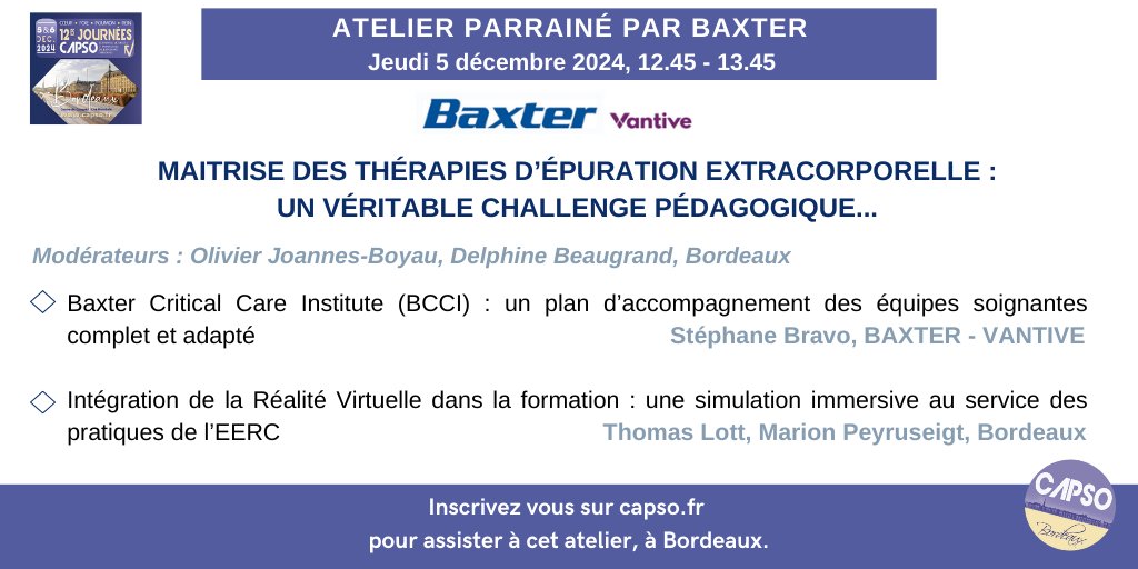 JournéesCAPSO (@journeescapso) on Twitter photo 📢Venez assister à l'atelier de Baxter Vantive le 05/12/2024.
🎙️ <a href="/OJBoyau/">Olivier JOANNES-BOYAU</a>, D. Beaugrand, M. Peyruseigt, T. Lott & S. Bravo
🖱️ Inscription: capso.fr/inscription/
Programme complet de #CAPSO24 : capso.fr/programme/
#épurationextracorporelle #réalitévirtuelle #simulation #EERC 📢Venez assister à l'atelier de Baxter Vantive le 05/12/2024.
🎙️ <a href="/OJBoyau/">Olivier JOANNES-BOYAU</a>, D. Beaugrand, M. Peyruseigt, T. Lott & S. Bravo
🖱️ Inscription: capso.fr/inscription/
Programme complet de #CAPSO24 : capso.fr/programme/
#épurationextracorporelle #réalitévirtuelle #simulation #EERC