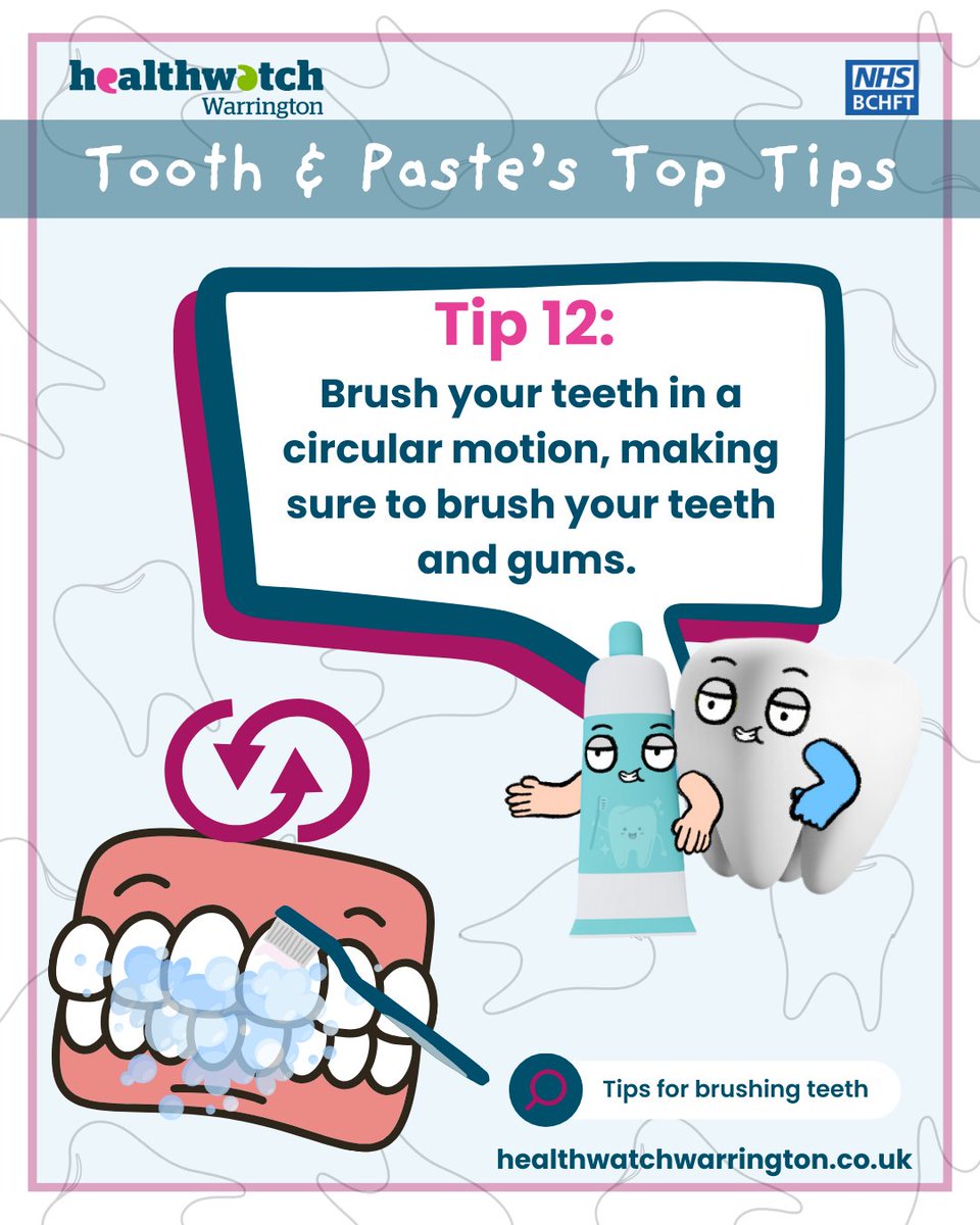 HWWarrington's tweet image. 🦷 Brush your teeth and gums in a circular motion twice a day for 2 minutes to keep your smile healthy! 🪥✨ 

👉 Learn more healthwatchwarrington.co.uk/taking-care-yo…

#OralHealth #HealthyTeeth #BrushingTips #FamilyCare #HealthwatchWarrington