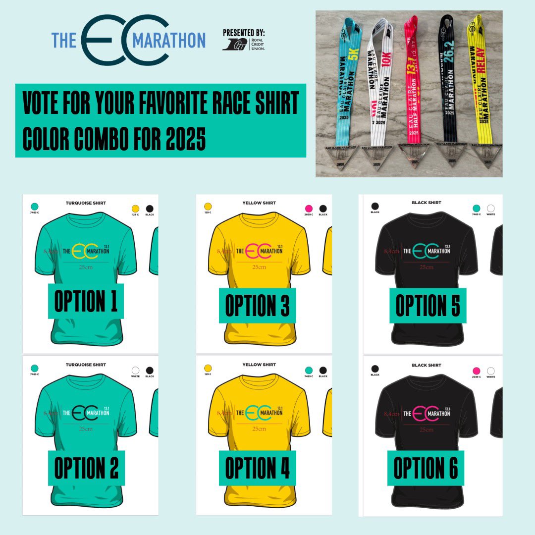 🎨 It’s Time to Choose! 🎨

The 2025 Eau Claire Marathon is YOUR race, and now it’s YOUR decision! We’re giving you the chance to pick the official race shirt color for next year.