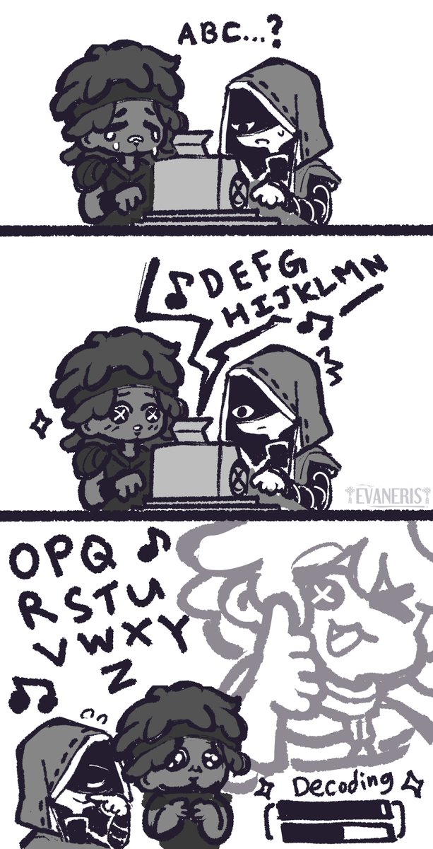 Evaneris's tweet photo. Quick doodle based off this

As a person with decoding debuff, I would like to thank all the decoders for being a master of the ABC songs 😭😭😭🙏🙏 https://t.co/mwzPn8O0k7