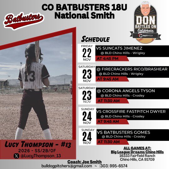 Cali is here!! Can’t wait to compete with my team in amazing weather playing great teams!! Here’s our schedule!!! <a href="/18uSmith/">Batbusters 18U National Smith</a> <a href="/batbusterscoach/">Joe Smith</a>