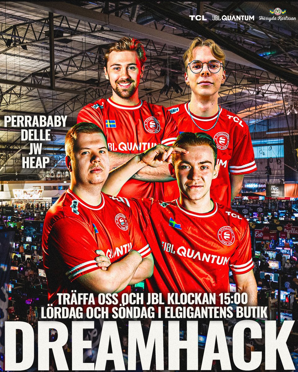 VI SES PÅ DREAMHACK! 🇸🇪

Tillsammans med våra sponsorer JBL och TCL åker vi till Stockholm för Dreamhack i helgen. Där kommer ni kunna träffa våra spelare delle, HEAP och JW samt Sveriges största streamer Perrababy. 

Kom gärna fram och säg hej ifall ni ser oss, och se till att