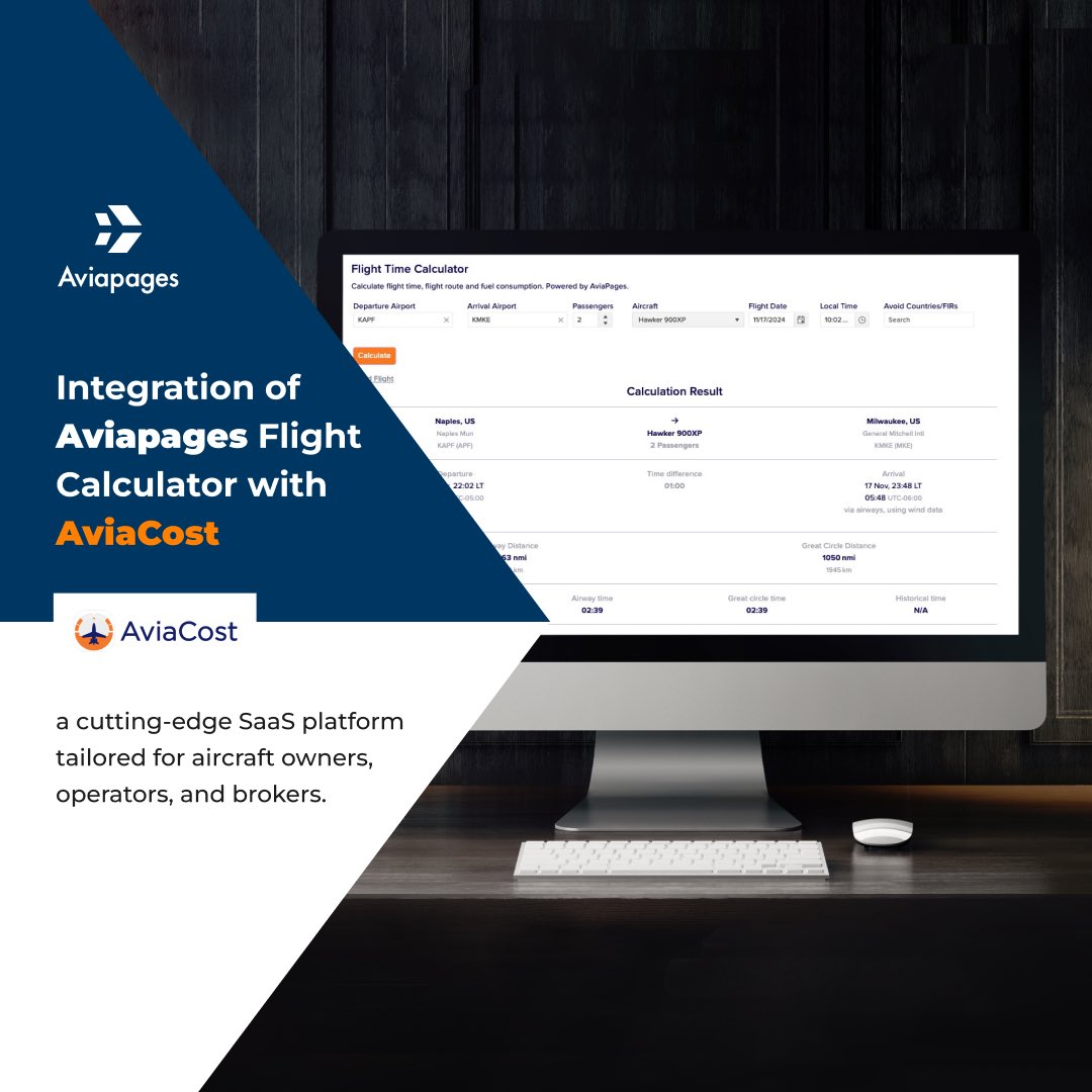 AviapagesCom's tweet image. Happy to share the #integration of our #FlightTimeCalculator into Aviacost US-based platform decicated aircraft owners and operators managing operating costs.
We appreacite the choice of our solution and hope for developing cooperation between our companies.
#flighttime