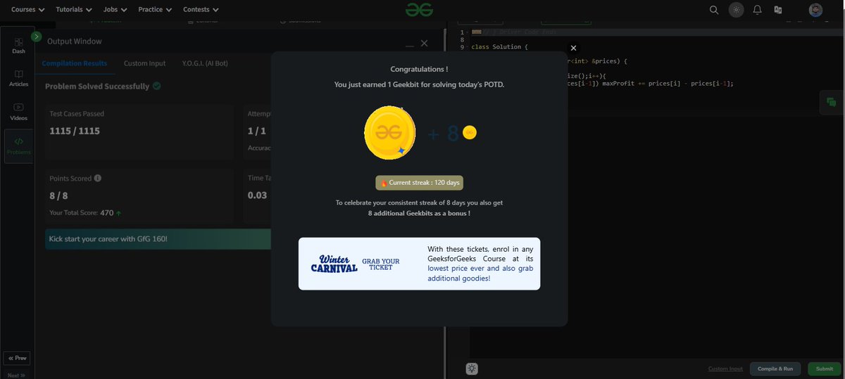 pandapratyush91's tweet image. Day 6 of GFG 160
🚀 Problem Solved: "Stock Buy and Sell—Multiple Transactions Allowed"
Implemented a greedy approach to maximize profit by summing positive price differences.
@geeksforgeeks : The streak continues!
#geekstreak2024 #gfg160 #dailycodingchallenge