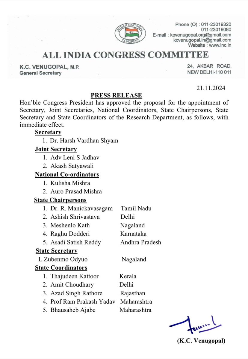 Hon'ble Congress President has approved the proposal for the appointment of Secretary, Joint Secretaries, National Coordinators, State Chairpersons, State Secretary and State Coordinators of the Research Department, as follows, with immediate effect.