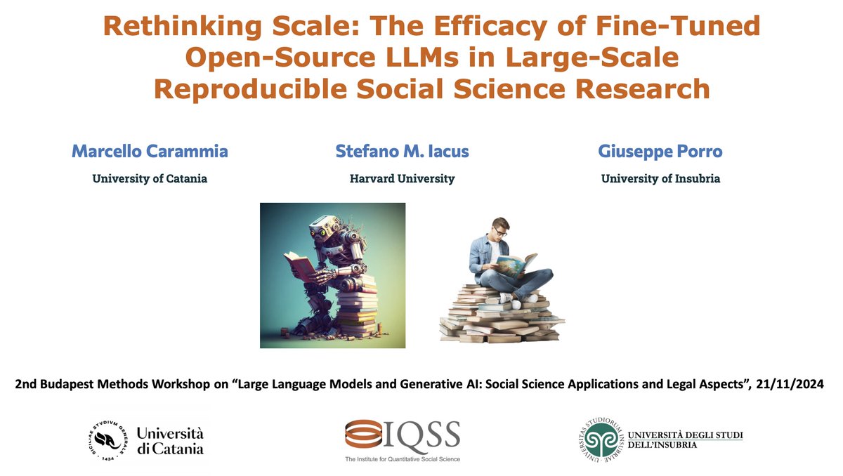 stefano maria iacus (@iacus) on Twitter photo "Rethinking Scale: The Efficacy of Fine-Tuned Open-Source LLMs in Large-Scale Reproducible Social Science Research" @ the 2nd Budapest Methods Workshop on “Large Language Models and Generative AI: Social Science Applications and Legal Aspects”. Joint with <a href="/MCarammia/">Marcello Carammia</a> & G. Porro "Rethinking Scale: The Efficacy of Fine-Tuned Open-Source LLMs in Large-Scale Reproducible Social Science Research" @ the 2nd Budapest Methods Workshop on “Large Language Models and Generative AI: Social Science Applications and Legal Aspects”. Joint with <a href="/MCarammia/">Marcello Carammia</a> & G. Porro