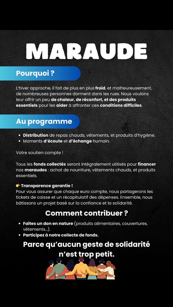 Bonjour à tous, face au retour du froid nous avons décidez avec des amis d’organiser une maraude destinée aux plus nécessiteux
Vous trouverez des infos ci-dessous ou vous pouvez toujours me DM si vous souhaitez participer ou avez une question
Un simple RT pourrait aider, merci🙌🏾