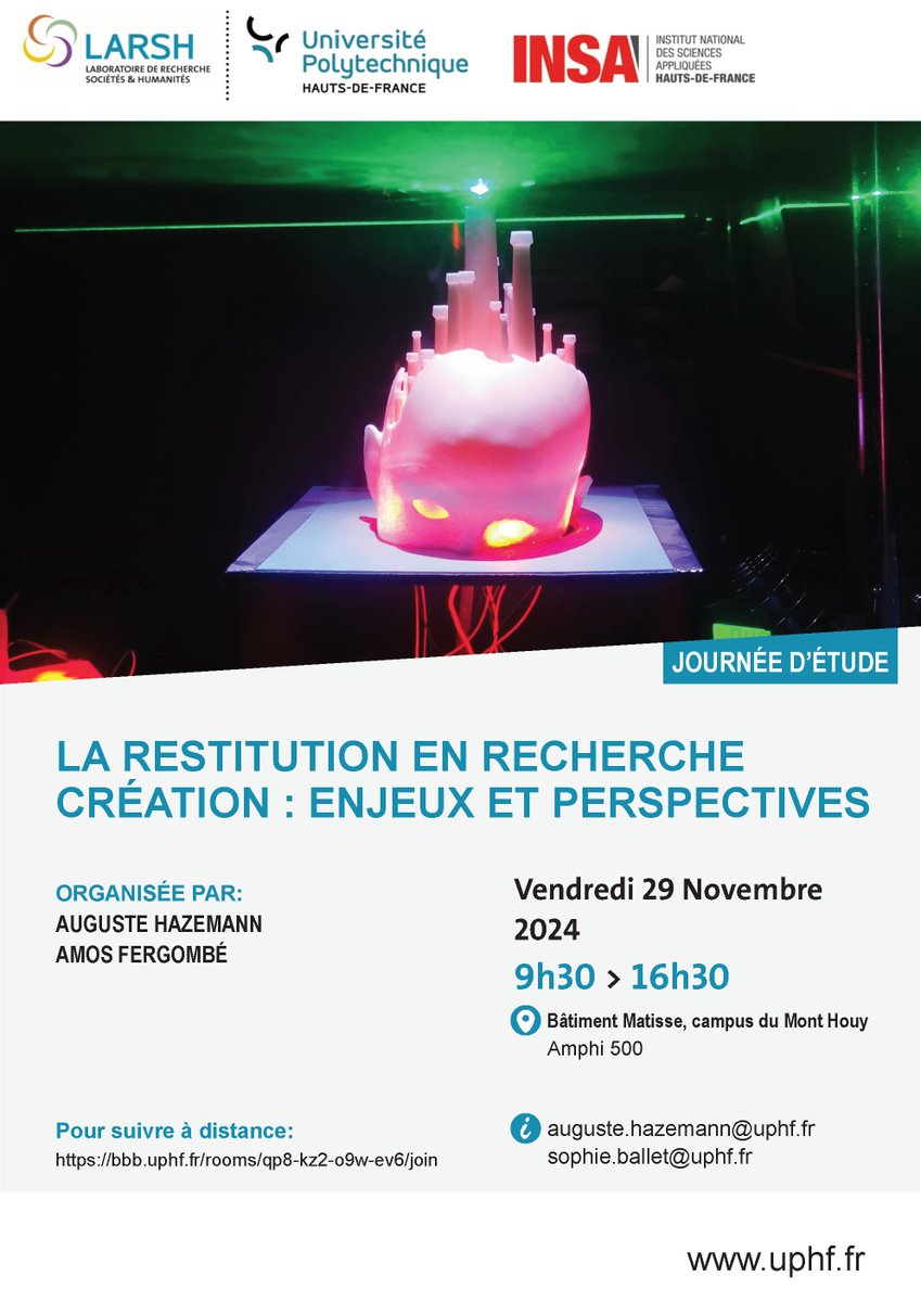 📢Journée d'étude 
"La restitution en recherche création : enjeux et perspectives"

🗓️29 novembre  9h30-16h30
📍Campus Mont Houy, Bât Matisse, Amphi 500

ℹ️uphf.fr/larsh/actualit…