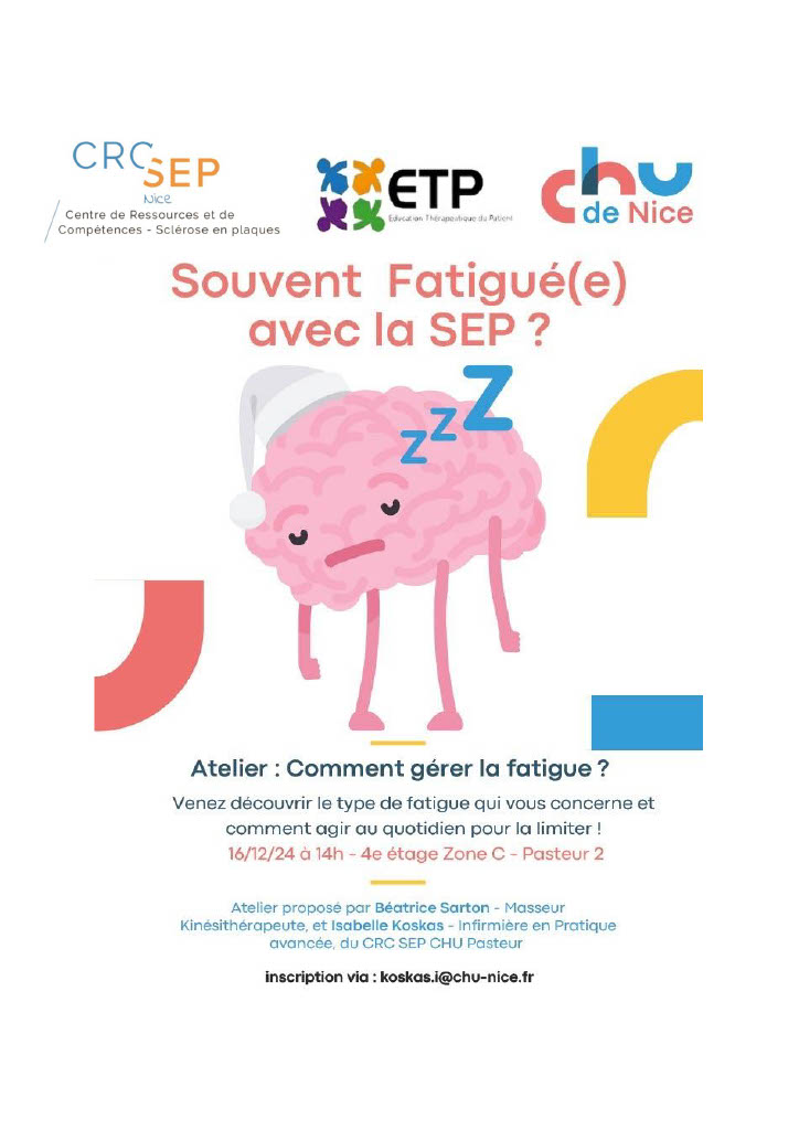 La fatigue vous pèse au quotidien et vous avez du mal à la gérer ?

Venez apprendre à l'occasion du prochain Atelier d'Education Thérapeutique du 16/12/2024 à 14h comment agir pour limiter votre fatigue au quotidien.

Inscription via: koskas.i@chu-nice.fr