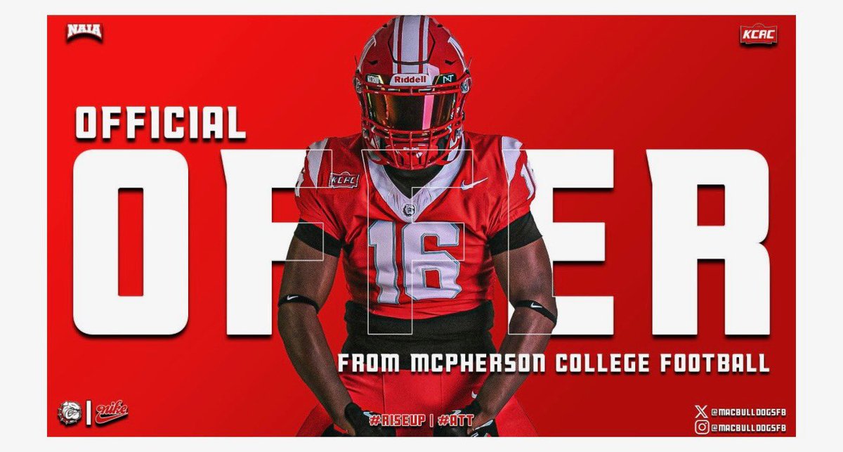 Blessed to receive my FOURTH offer from <a href="/MACBulldogsFB/">McPherson Football</a> <a href="/CoachLeppke/">Mitch Leppke</a> <a href="/wthsfb/">WTHS Blue Devil FB</a> <a href="/GOMAB1987/">Mark Jones</a> <a href="/EDGYTIM/">Timothy “EDGYTIM” OHalloran</a> <a href="/PrepRedzoneIL/">Prep Redzone Illinois</a> <a href="/AllenTrieu/">Allen Trieu</a> <a href="/On3Recruits/">Follow @Rivals</a> <a href="/Bryan_Ault/">Bryan Ault - Midwest Scout</a> <a href="/performance_pac/">PAC PERFORMANCE</a> @MidwestFootbal1