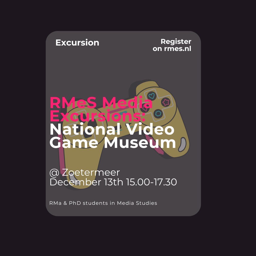 RMeSResearch's tweet image. Join us on December 13th 15.00-17.30 as we kick off the first of many RMeS Media Excursions with a trip to the National Video Game Museum in Zoetermeer! Sign up now rmes.nl/rmes-media-exc…