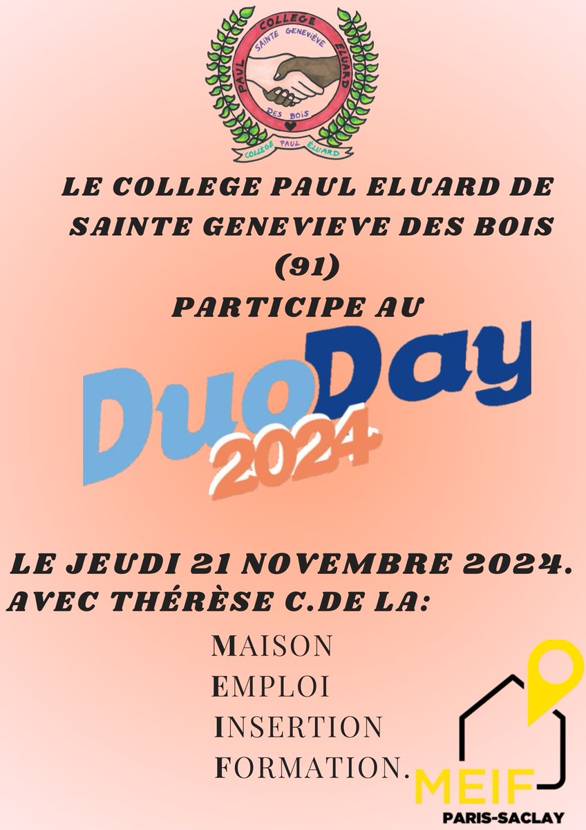 @clgPEluard2SGDB (@clgpeluard2sgdb) on Twitter photo Le collège <a href="/clgpeluard2sgdb/">@clgPEluard2SGDB</a> toujours investi pour le #duoday et les questions d'inclusion et d'insertion. Nous accueillons aujourd'hui Thérèse de <a href="/MEIFParisSaclay/">MEIF Paris-Saclay</a> grâce à <a href="/faceparissaclay/">FACE PARIS Saclay</a> <a href="/agglopariSaclay/">Agglomération Paris-Saclay</a> <a href="/acversailles/">Académie de Versailles</a> <a href="/Capemploi_/">Cap Emploi</a> Le collège <a href="/clgpeluard2sgdb/">@clgPEluard2SGDB</a> toujours investi pour le #duoday et les questions d'inclusion et d'insertion. Nous accueillons aujourd'hui Thérèse de <a href="/MEIFParisSaclay/">MEIF Paris-Saclay</a> grâce à <a href="/faceparissaclay/">FACE PARIS Saclay</a> <a href="/agglopariSaclay/">Agglomération Paris-Saclay</a> <a href="/acversailles/">Académie de Versailles</a> <a href="/Capemploi_/">Cap Emploi</a>