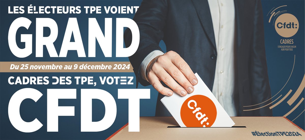 📅 #ÉlectionTPE2024 : 𝗝-4️⃣

🗳️ Il est temps d’’envoyer un signal fort à nos gouvernants. Dès lundi, 𝐕𝐎𝐓𝐄𝐙 <a href="/CFDT/">CFDT</a>.

➕ Infos &amp; modalités de vote : cadrescfdt.fr/actualites/cad…