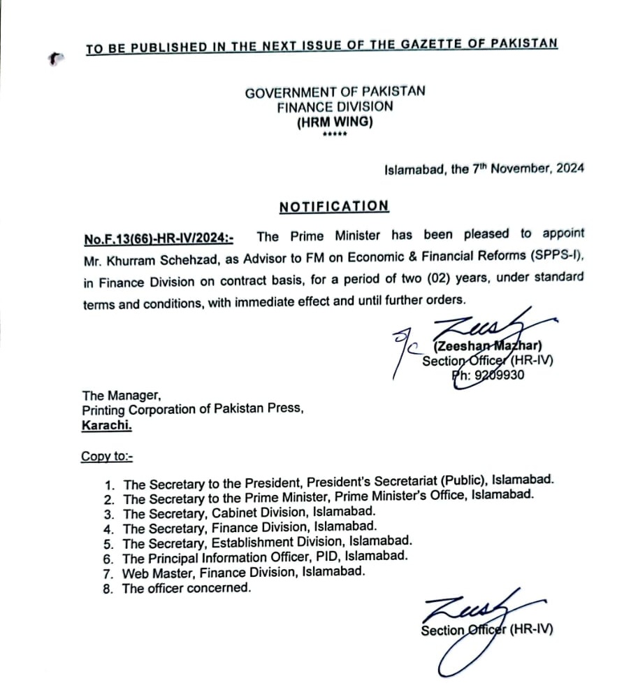 Humbled and honored to have been appointed to this role and opportunity to serve the nation!

I look forward to serving my country in the best way possible. InshaAllah.

Follow <a href="/kschehzad/">Khurram Schehzad</a> for analysis, developments and updates.

<a href="/Financegovpk/">Ministry of Finance, Government of Pakistan</a>
<a href="/PakPMO/">Prime Minister's Office</a> <a href="/SECPakistan/">SEC Pakistan</a> <a href="/StateBank_Pak/">SBP</a>
