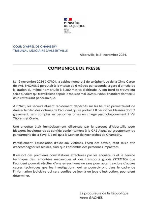 AnneGachesProc's tweet photo. {#communiquédepresse} Communiqué de presse relatif à l'accident de téléphérique survenu à VAL THORENS https://t.co/ED9ABjgIgw