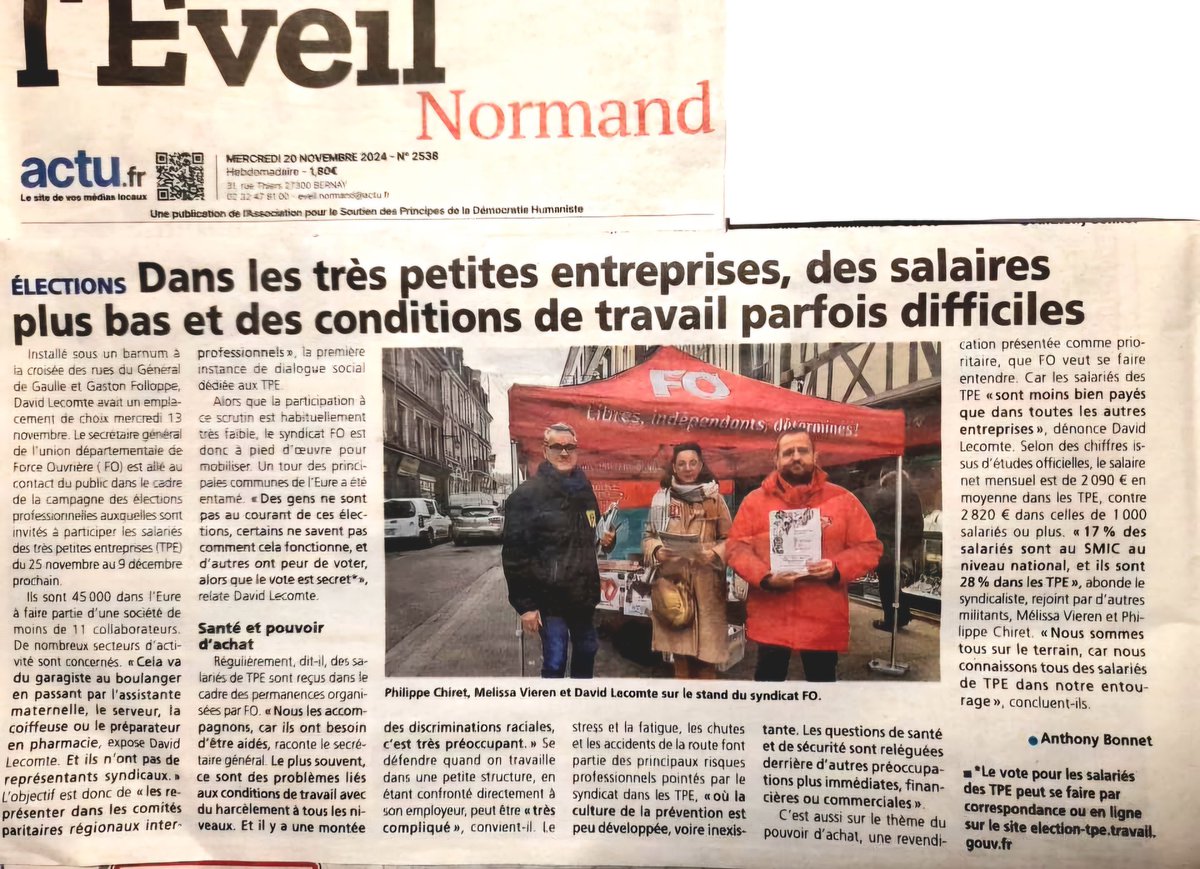 L'article de l'Eveil Nomand lors de notre action pour les #electionsTPE #tpe2024 à #Bernay #eure ✊️
Du 25 novembre au 9 décembre prochain VOTEZ ET FAITES VOTER #FO aux élections #TPE!🗳✊️👍
Retrouvez toute l'actualité et les infos : 27.force-ouvriere.org 😉
<a href="/force_ouvriere/">force_ouvriere</a>