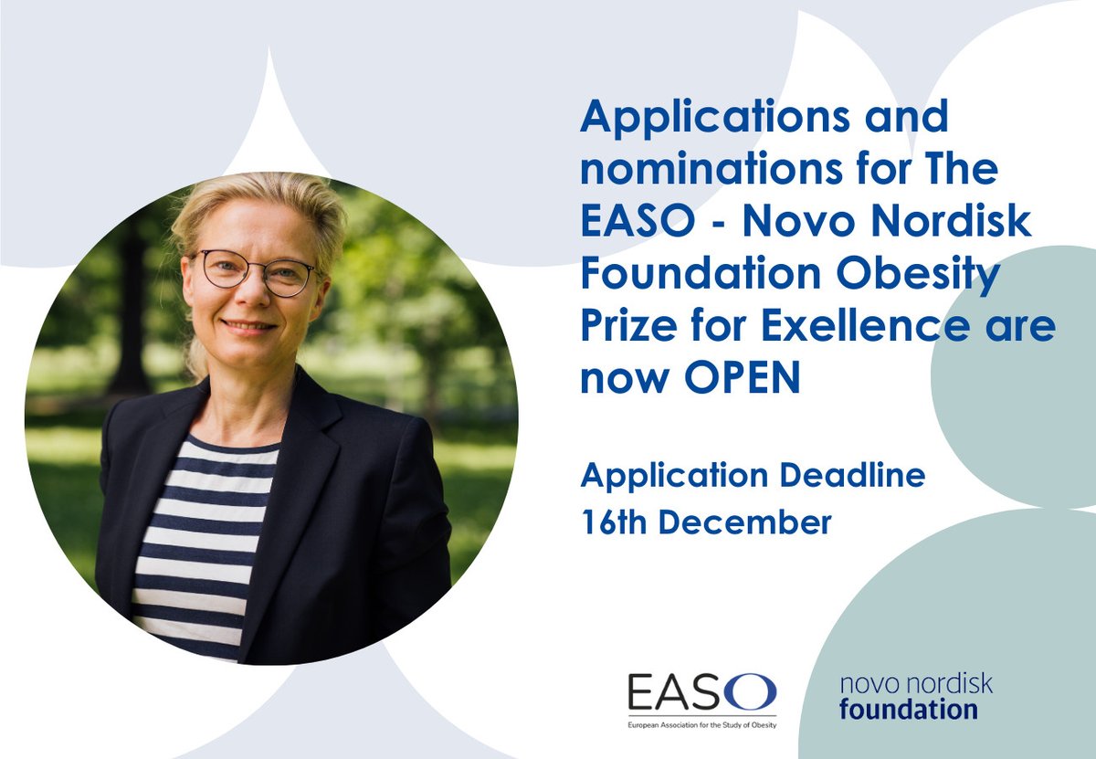 The prestigious <a href="/EASOobesity/">EASO</a> - <a href="/novonordiskfond/">Novo Nordisk Foundation</a> Obesity Prize for excellence is open for nominations.

Complete information is available here: easo.org/about-easo/eas…

@EASOPresident