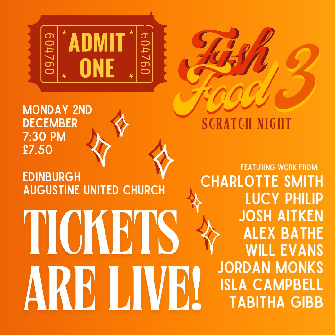Tickets are live for our latest scratch night, featuring six scripts from exciting emerging creatives! 🎟️

Grab yours here:

fienta.com/fish-food-3-to…
