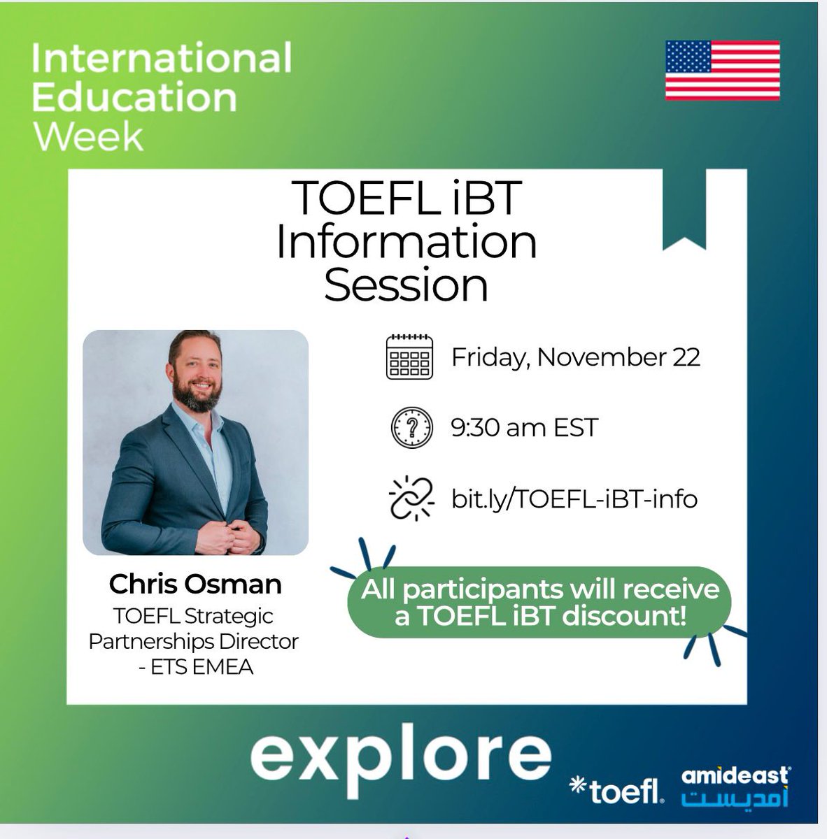 Need proof of your English level? 🌟
Join our expert-led TOEFL iBT session on Nov 22 at 9:30 AM EST! Get key insights from an ETS expert + a discount on a future test!
📅 Register Now: bit.ly/TOEFL-iBT-info
Don’t miss out!