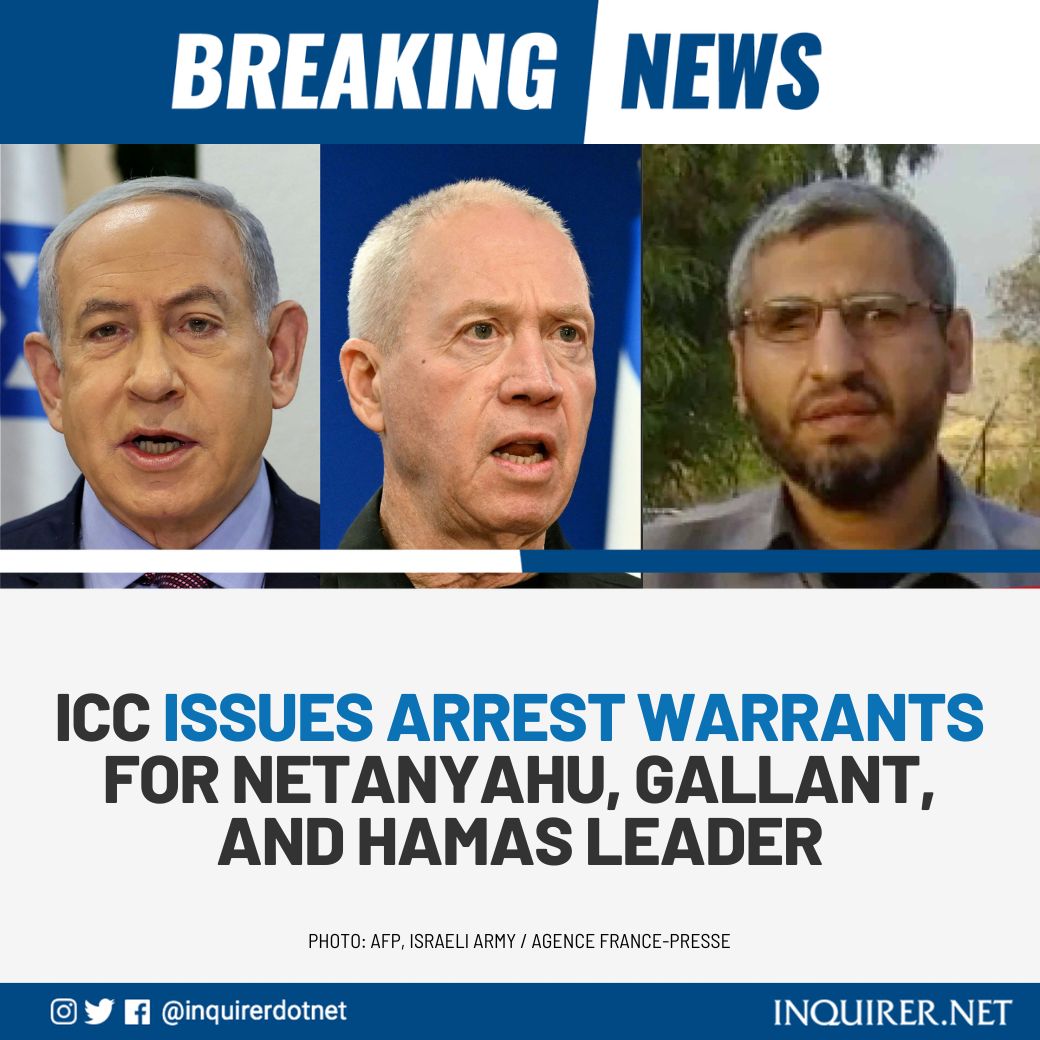 inquirerdotnet's tweet photo. BREAKING NEWS. The International Criminal Court has issued arrest warrants for Israeli Prime Minister Benjamin Netanyahu and his former defense chief Yoav Gallant, as well as Hamas' military chief Mohammed Deif. (via @AFP)

READ MORE: https://t.co/2nj9avUhC6 https://t.co/903SYCuwQ0
