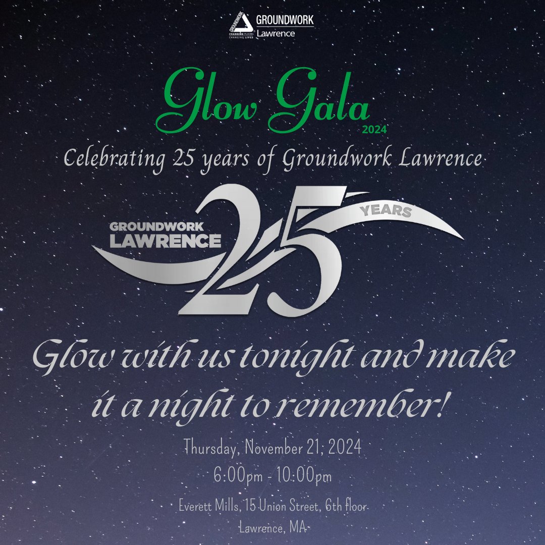 Tonight's the night! 
#GlowGala2024 at 6! 
Hope you'll be joining us to celebrate a great year of changing lives, changing places, and changing systems. 
Come join us for the fun! No ticket? No worry! Tickets available at the door. 
#GroundworkLawrence 
#25YearsOfGWL