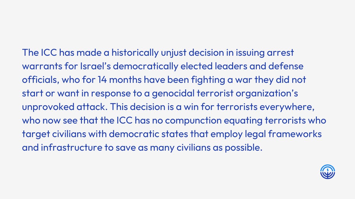 The ICC has made a historically unjust decision in issuing arrest warrants for Israel’s democratically elected leaders and defense officials. Read our full statement: ow.ly/AEU950UbKkP
