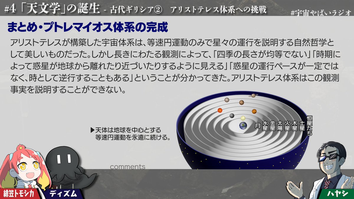 hayashi_lanturn's tweet photo. #宇宙やばいラジオ 第４回ご視聴ありがとうございました！今回はヘレニズム時代のより科学的アプローチで生まれた宇宙モデルについてお話しました！
次回は実は紀元前から存在していた「古代ギリシアの地動説」について解説します！ https://t.co/5tIIhoib8W