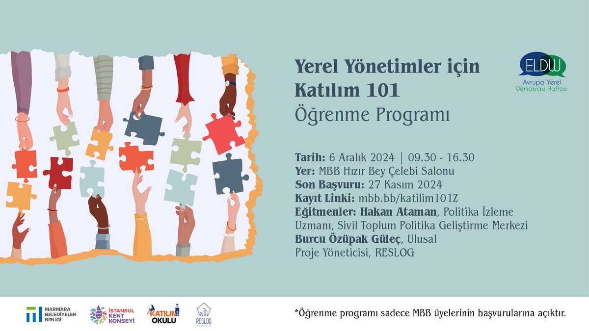 marmarabb's tweet photo. 📣 Yerel Yönetimler için Katılım 101 Öğrenme Programı Başvuruları Başladı!

Marmara Belediyeler Birliği, İstanbul Kent Konseyi ve RESLOG Türkiye iş birliğiyle 6 Aralık'ta düzenlenecek program, yerel yönetimlerde katılımcı süreçlerin güçlendirilmesine yönelik önemli bir fırsat sunacak.

📌 Programa sadece MBB üyesi belediyeler başvuru yapabilir.

⏳ Son başvuru: 27 Kasım

 🔗 Başvuru için: https://t.co/ba2bylGmWo