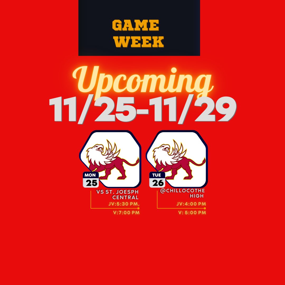 Next week starts GAME WEEK

The Lady Griffins have games during Thanksgiving Break 🦃 

📅 : Monday , Nov 25th, 2024
📍: Winnetonka High School
🆚: St Joe Central
⏰: JV-5:30 PM, V- 7:00 PM

 📅 : Tuesday, Nov 26th, 2024
📍: Chillicothe High
🆚 : Chillicothe
⏰: JV-4 PM, V- 5 PM