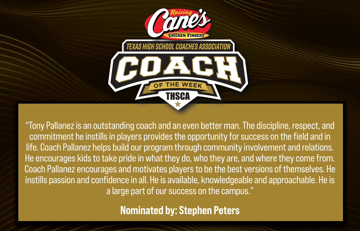 Congratulations to <a href="/raisingcanes/">Raising Cane's</a> Coach of the Week, Tony Pallanez from Saginaw High School!🎉 You make us #THSCAProud!

<a href="/saginawhstx/">Saginaw High School</a> • <a href="/emsisdathletics/">EMS ISD Athletics</a> • <a href="/SaginawFootball/">Saginaw Football</a>