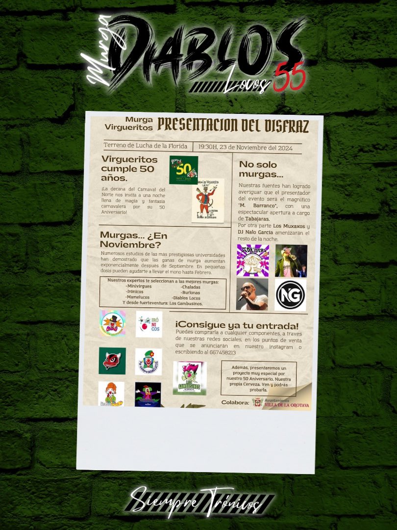 🎉✨ ¡Este 23 de noviembre acompañamos a la <a href="/MurgaVirguerito/">Murga Virgueritos</a> en su presentación del disfraz por su 50 aniversario! 🙌🎶

📅 23 de noviembre
🕖 19:30 h
📍 Terrero de la Florida

¡No te pierdas esta noche tan especial! 🎭🎊

#Diablos25👺
