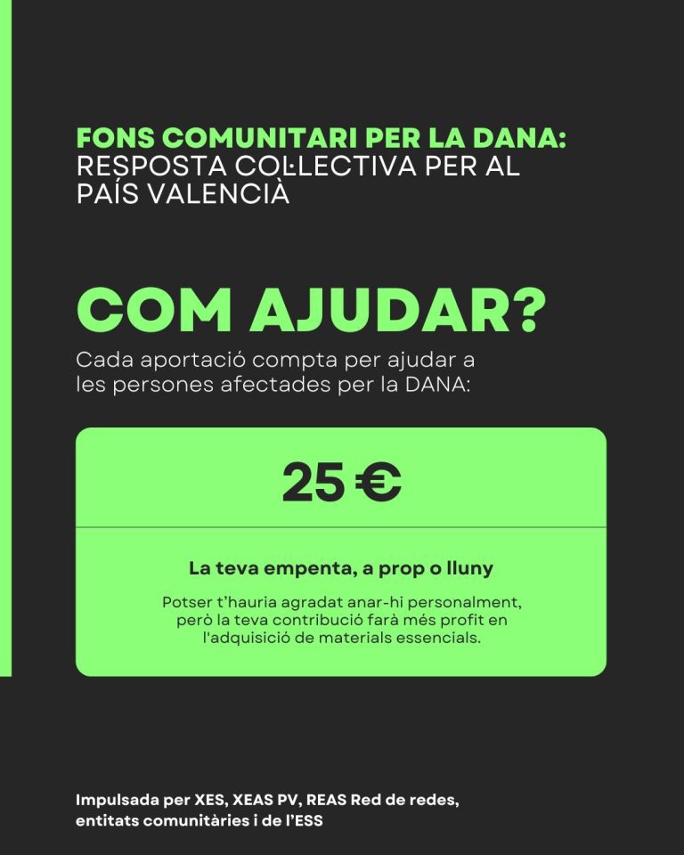 XES_cat's tweet image. Seguim recollint recursos per al #FonsComunitariDANA. De l&apos;ESS per a l&apos;ESS

La (re)construcció del teixit social i comunitari és imprescindible per afrontar l&apos;avui, però també per afrontar amb l&apos;endemà amb força i perspectiva ecosocial

ca.goteo.org/project/fons-c…