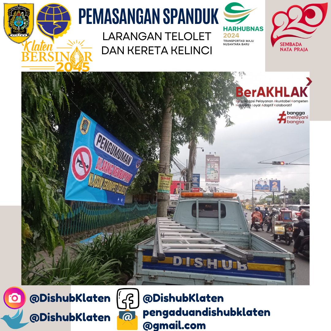 dishubklaten's tweet image. Pemasangan Spanduk Larangan Klakson Telolet dan Pengoperasian Kereta Kelinci di Jalan Raya.

#telolet
#sepurkelinci
#dishubklaten