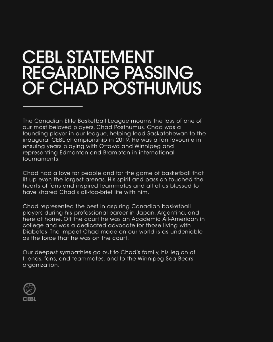 CEBLeague's tweet photo. CEBL Statement regarding the passing of Chad Posthumus. https://t.co/0N7zsPqIWc