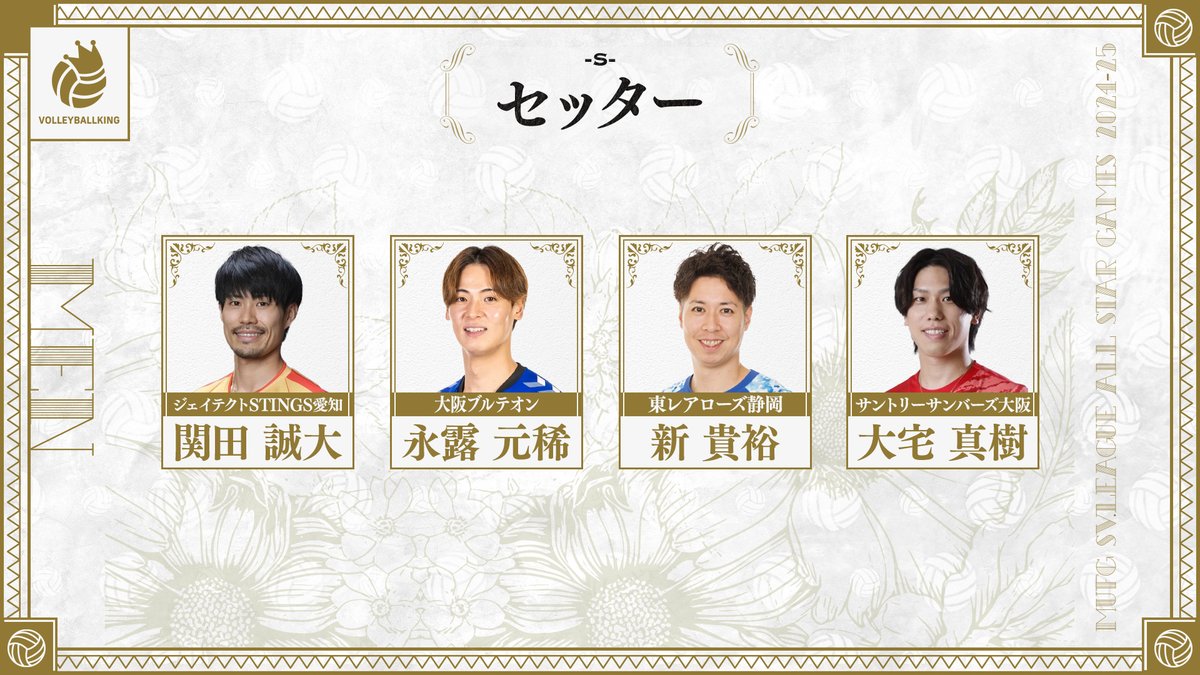 vking_jp's tweet photo. 【SVリーグオールスターゲーム　出場選手】

■SVリーグ男子 セッター

#関田誠大（ファン投票1位）
#永露元稀（ファン投票2位） 
#新貴裕（リーグ推薦） 
#大宅真樹（リーグ推薦）

#SVリーグ #バレーボール #MUFG_SVリーグオールスター