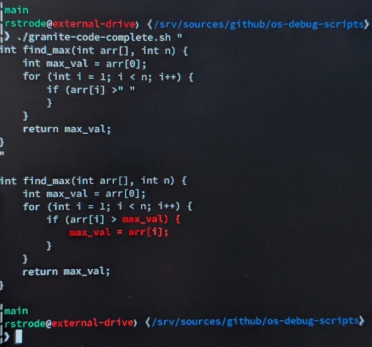 halfartificial's tweet image. fun little toy script i wrote that uses the granite model to complete a chunk of code github.com/halfline/os-de…