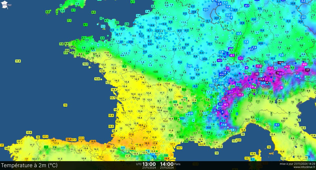 infoclimat's tweet photo. On l'attendait, quelle animation en ce jeudi 21/11/24! La tempête "Caetano" apporte à la fois une vague de neige assez remarquable par sa précocité et les qtités observées en Normandie (loc. jusqu'à 20 cm), de très fortes rafales sur la côte Atlantique, et un choc thermique XXL! https://t.co/qGiQ8ba5bG
