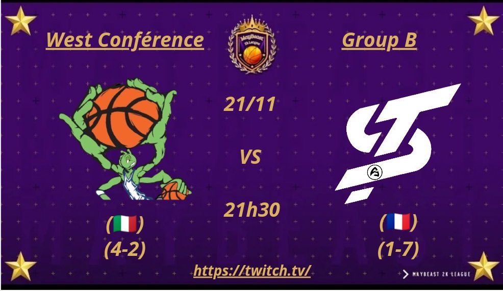 MayBeast2k (@maybeast2k) on Twitter photo Schedule for🏆🇪🇺 <a href="/MayBeast2k/">MayBeast2k</a> League🇪🇺🏆Tonight
🏜️West Conférence Group 🅱️
⏰21h30
🎥twitch.tv
🇮🇹 <a href="/BasketFasanoesp/">Basket Fasano eSports</a> 🇮🇹 vs 🇫🇷 <a href="/AbyssalProject/">Abyssal Project</a> 🇫🇷 Schedule for🏆🇪🇺 <a href="/MayBeast2k/">MayBeast2k</a> League🇪🇺🏆Tonight
🏜️West Conférence Group 🅱️
⏰21h30
🎥twitch.tv
🇮🇹 <a href="/BasketFasanoesp/">Basket Fasano eSports</a> 🇮🇹 vs 🇫🇷 <a href="/AbyssalProject/">Abyssal Project</a> 🇫🇷