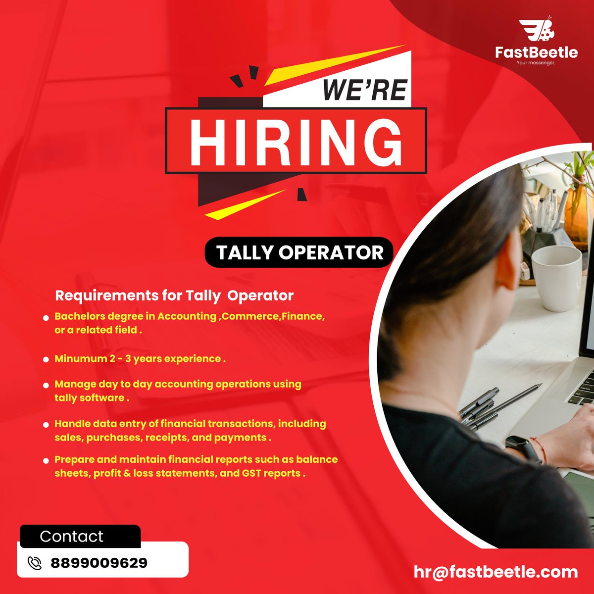 FastBeetle (@fastbeetle_) on Twitter photo Join our hive!  FastBeetle is hiring a skilled Tally Operator. Be part of a buzzing team delivering excellence. Apply now!
Call or WhatsApp on 8899009629
#FastBeetleCareers #HiringNow #TallyOperator #WorkWithUs #JobsInJammu #JobsInKashmir #BeTheChange Join our hive!  FastBeetle is hiring a skilled Tally Operator. Be part of a buzzing team delivering excellence. Apply now!
Call or WhatsApp on 8899009629
#FastBeetleCareers #HiringNow #TallyOperator #WorkWithUs #JobsInJammu #JobsInKashmir #BeTheChange